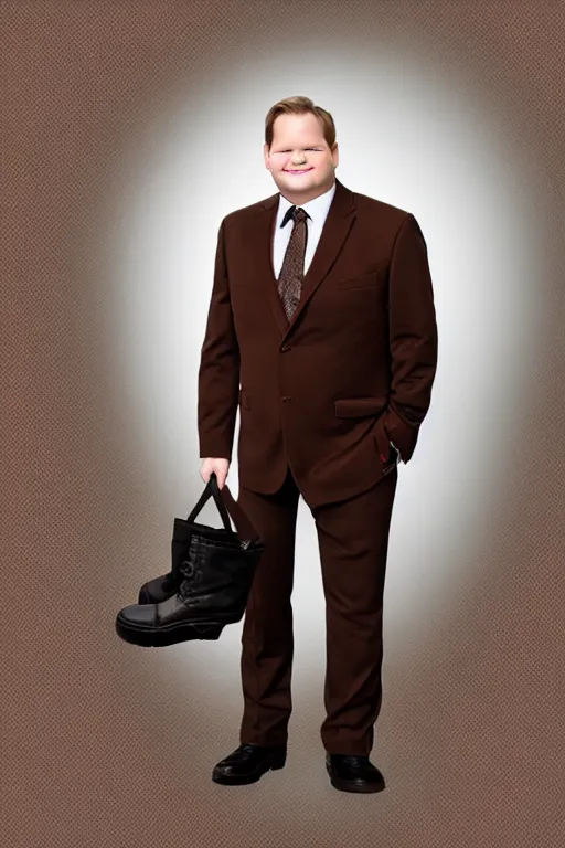 Image similar to andy richter wearing a brown suit and necktie, ultra hd photo, 3 5 mm close up, fish eye, realistic, smiling, holding a black work boot