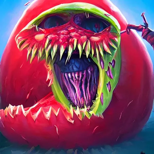 Prompt: horrific realistic watermelon monster with fangs and a forked tongue, by stephen bliss, unreal engine, rhads very big, vibrant colors, red glowing eyes, concept art, detailed