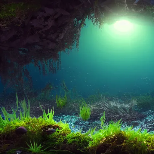 Image similar to octane render filtered lighting overgrown seaweed underwater theater 4 k