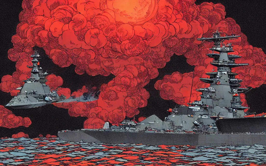 Image similar to japanese battleship yamato in front of huge mushroom cloud, in the style of james jean and laurie greasley, dynamic composition, dramatic lighting, ultra detailed