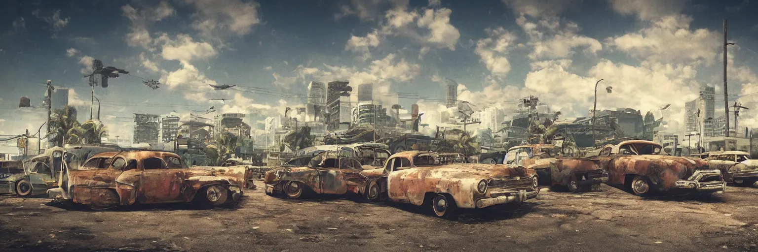 Image similar to fallout 5 : miami, outdoors ruined tropical city airport, rusted retro futuristic vintage styled parked cars, buses, trucks, atmospheric lighting, painted, intricate, volumetric lighting, summer, sunny weather, few clouds, sharp focus, deep colours, ultra detailed, by leesha hannigan, ross tran, thierry doizon, kai carpenter, ignacio fernandez rios