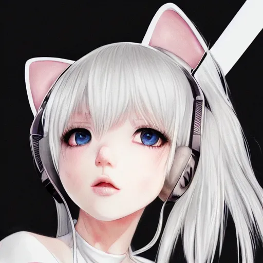 Image similar to realistic detailed semirealism beautiful gorgeous natural cute excited happy Blackpink Lalisa Manoban white hair white cat ears blue eyes, wearing black camisole outfit, headphones, black leather choker artwork drawn full HD 4K high resolution quality artstyle professional artists WLOP, Aztodio, Taejune Kim, Guweiz, Pixiv, Instagram, Artstation