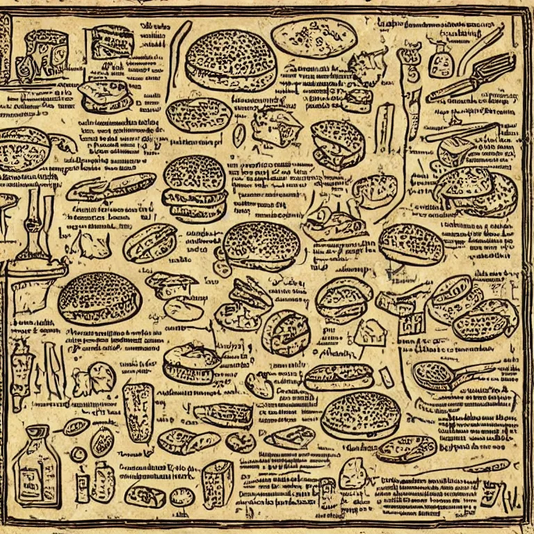 Image similar to middle age illustrated recipe for hamburger ( ( ( ( a bigmac hamburger ) ) ) ) lot of medieval enluminures in the background, explaining the recipe, schematic in a notebook