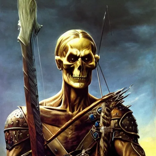 Image similar to ultra realistic portrait painting of skeletor as legolas, art by frank frazetta, 4 k, ultra realistic, highly detailed, epic lighting