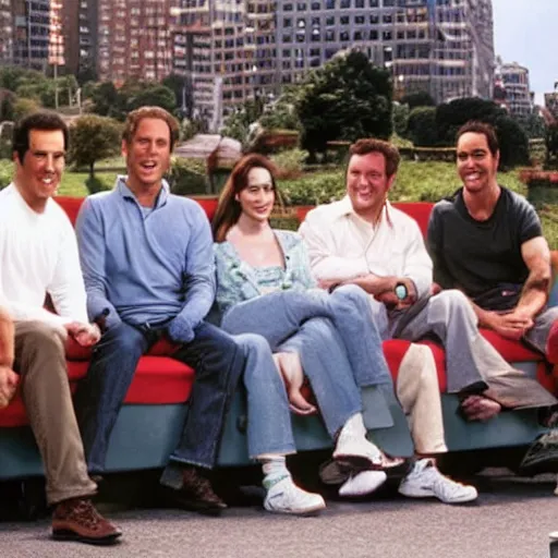 Prompt: Seinfield cast together with the Top gear cast