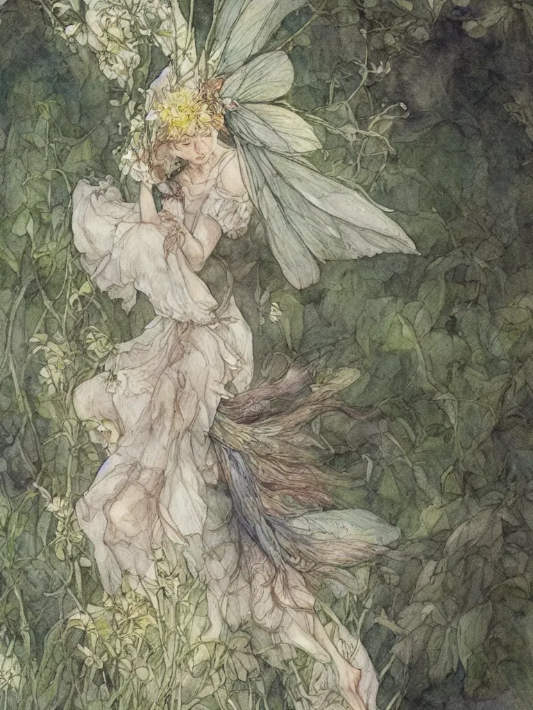 Image similar to annotated study of a flower fairy, illustration, watercolor, alan lee, detailed, pretty, ethereal,