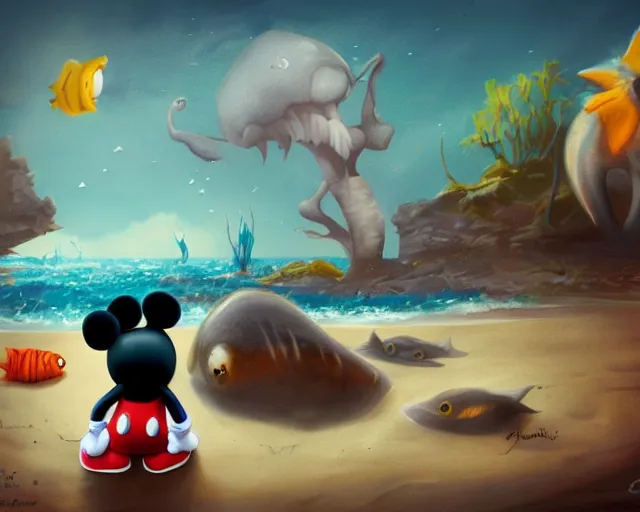 Image similar to Mickey mouse sitting next to terrifying sea creatures on a creepy beach, digital art, by Marta Dahlig, super detailed, artstation