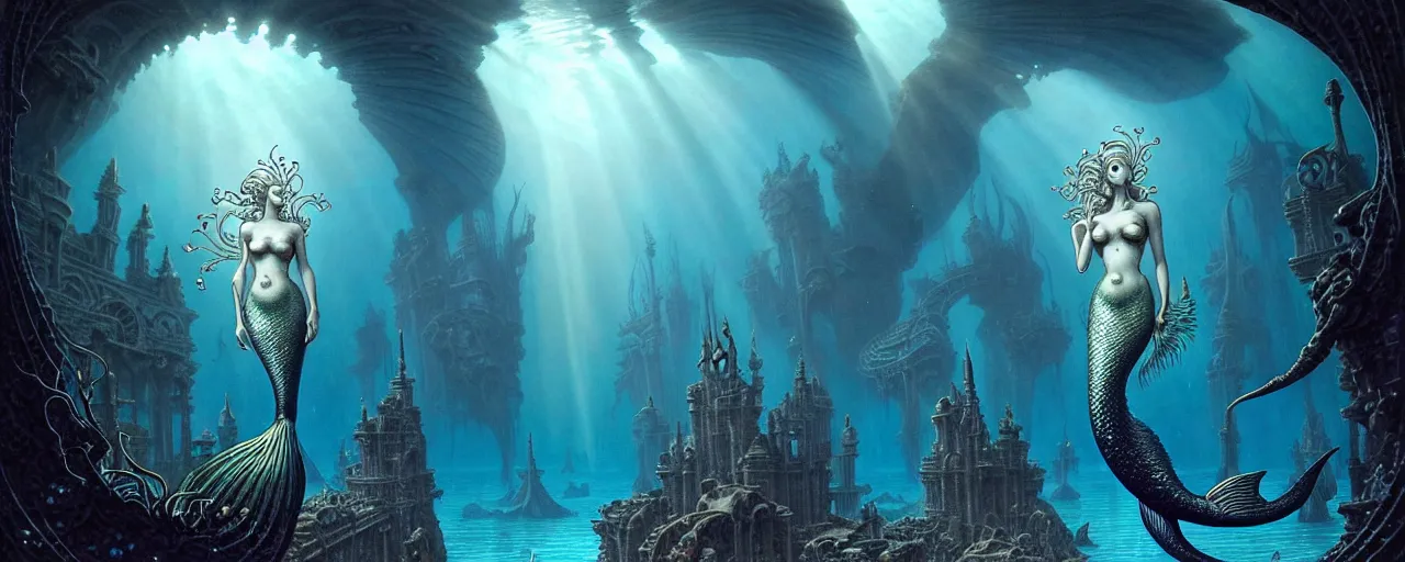 Prompt: a graceful beautiful mermaid looking at the sunken city of Atlantis deep under water, stunning undersea intricate detailed grand architecture in the style of Joe Fenton, art style by Greg Rutkowski and Mohrbacher and Gerald Brom and H. R. Giger, deep underwater scene, dark and moody, rays of sunlight, faint volumetric god rays, grim crushing atmosphere, trending on artstation, masterpiece, claustrophobic, dizzy, sharp focus, 8k octane beautifully detailed render, post-processing, extremely hyperdetailed, intricate, epic composition, grim yet sparkling atmosphere, cinematic lighting + masterpiece, trending on artstation, very detailed, Art Nouveau