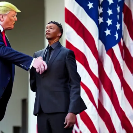Image similar to donald trump wearing the marvel black panther costume with no mask and his face is showing, sharp