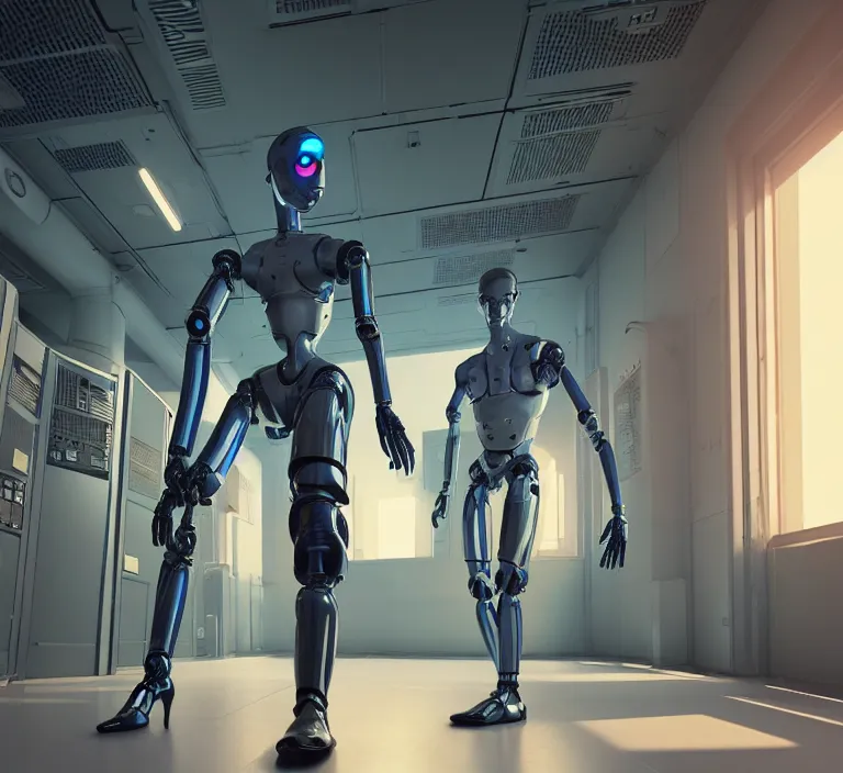 Image similar to hyperrealism stock photo of highly detailed stylish humanoid robot in sci - fi cyberpunk style by gragory crewdson and vincent di fate with many details by josan gonzalez working in the highly detailed data center by mike winkelmann and laurie greasley hyperrealism photo on dsmc 3 system rendered in blender and octane render