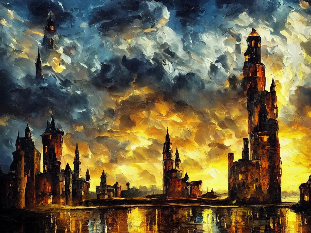 Prompt: modern stylized oil painting of medieval castle, american romanticism, bright art, cinematic dramatic lighting