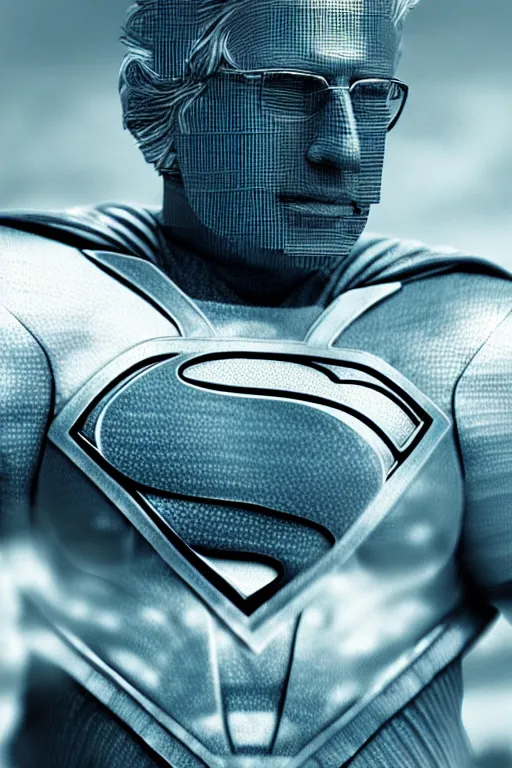 Image similar to realistic detailed photo of Bernie Sanders as man of steel, superman blue eyes, woven armour intricate complexity, Behance, golden ratio, fibanci background, vray, rich deep colors