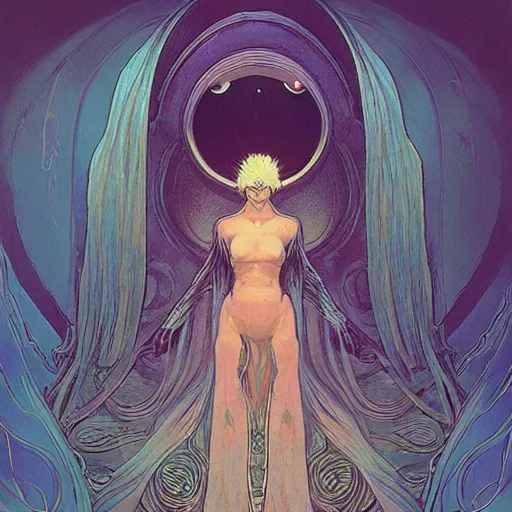 Image similar to portrait of small, rubbery, huge-eyed, big-lipped albino mutant priestess with elaborate white hair; Dune concept art by Anato Finnstark, Alphonse Mucha, Beksinski, and Studio Ghibli