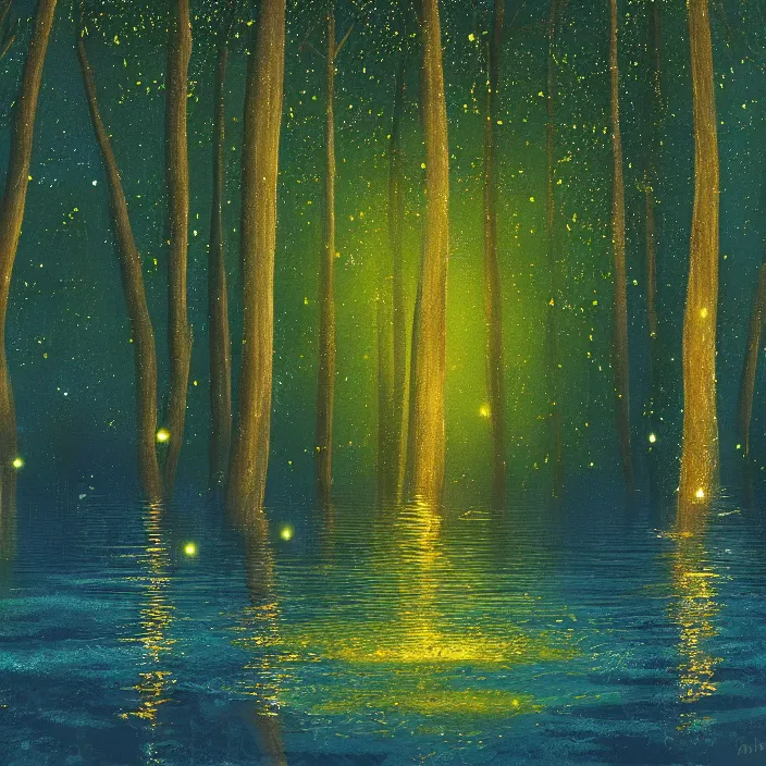 Image similar to lake trees night fireflies glowing above water digital painting concept art