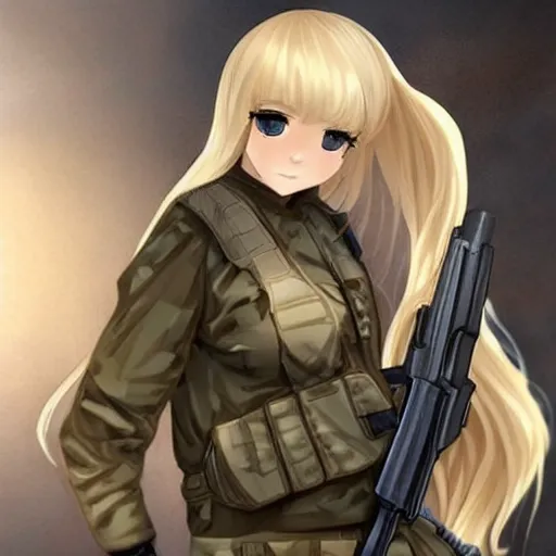 Image similar to ak-47 with a full head of human blonde hair, cute, adorable, waifu