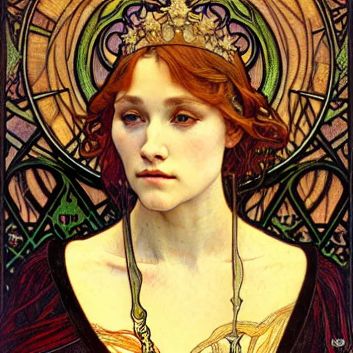 Image similar to detailed realistic beautiful young medieval queen face portrait by jean delville, alphonse mucha, vincent van gogh, and marco mazzoni, art nouveau, symbolist, visionary, gothic, pre - raphaelite