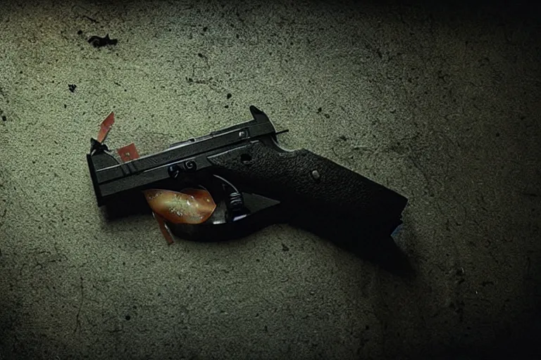 Prompt: film still of closeup pistol taped to the bottom of table, cinematic, moody, gritty neon noir by emmanuel lubezki