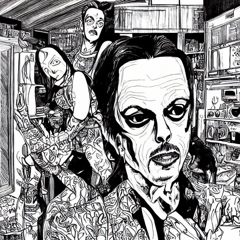 Prompt: Beautiful portrait of Steve Buscemi as a Luchador in his kitchen in the style of Love and Rockets , high contrast intricate fine line ink drawing comic illustration by Jaime Hernandez shocking detail hyperrealistic 8k