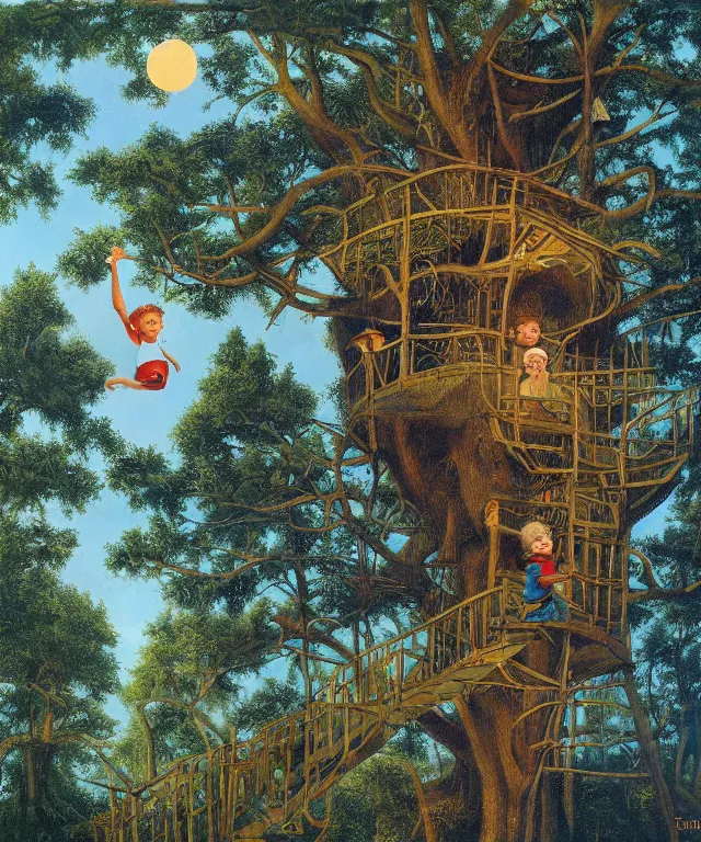 Image similar to masterful oil on canvas painting, eye - level view, shot from 5 0 feet distance, of a kid playing in a treehouse. in the background is a whimsical sparse forest. golden hour, detailed, depth, volume, chiaroscuro, quiet intensity, vivid color palette. by tex avery and gerald brom