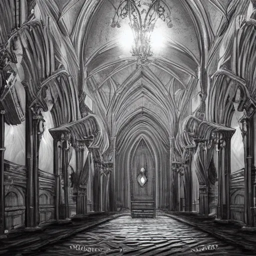 Image similar to large gothic hall with large chandeliers under the ceiling, horror movie, moonlight, artstation, detailed, adventure pulp aestetics