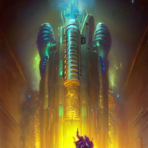 Image similar to portrait sulley from monsters inc. spaceship futuristic city. shadowrun cyberpunk fantasy painting by pixar gaston bussiere craig mullins jc leyendecker gustav klimt artgerm greg rutkowski john berkey, bergey, craig mullins, ruan jia, raymond swanland, tom lovell