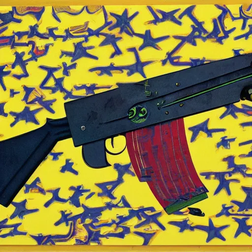 Image similar to AK-47 designed by Tadanori Yokoo