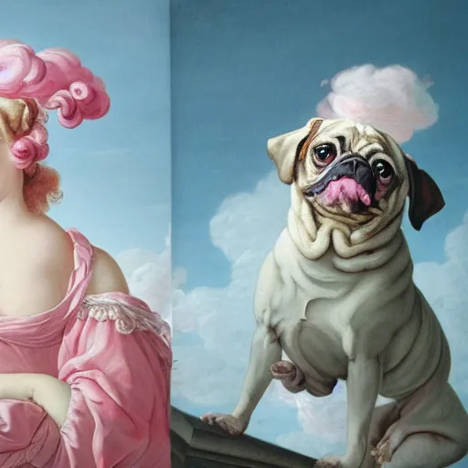 Image similar to pugs heaven on pink clouds adopts the language of Rococo, reimagining the dynamism of works by eighteenth-century artists such as Giovanni Battista Tiepolo, François Boucher, Nicolas Lancret and Jean-Antoine Watteau through a filter of contemporary cultural references including film, food and consumerism