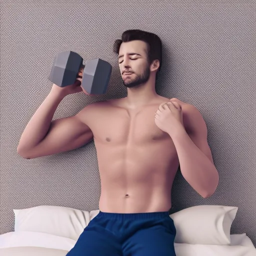 Prompt: a guy is asleep on on comfy bed , he his holding a dumbell in his hands. very detailed ,dramatic , octane render.