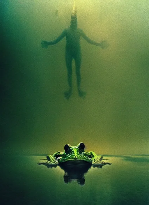 Image similar to “unicorn frog vertically hovering above misty lake waters in jesus christ pose, low angle, long cinematic shot by Andrei Tarkovsky, paranormal, eerie, mystical”