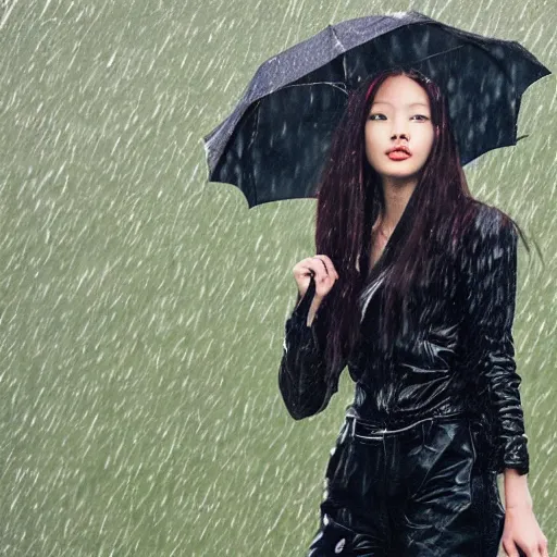 Image similar to a portrait of blackpink Lisa singer posing in the rain