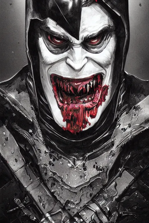 Image similar to Portrait of Robert Pattinson as The Batman Who Laughs, dc comics, dark, intricate, highly detailed, smooth, artstation, digital illustration by Ruan Jia and Mandy Jurgens and Artgerm and Wayne Barlowe and Greg Rutkowski and Zdislav Beksinski