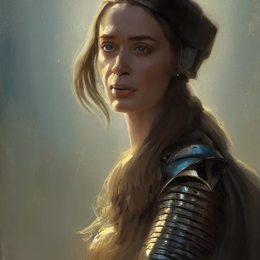 Image similar to portrait of emily blunt as a medieval knight, fantasy art by greg rutkowski