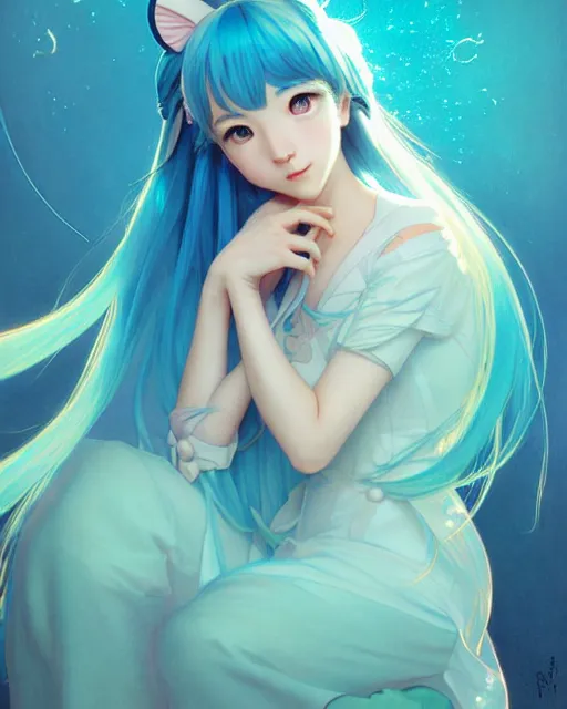 Image similar to portrait of disney hatsune miku, intricate, elegant, highly detailed, my rendition, digital painting, artstation, concept art, smooth, sharp focus, illustration, art by artgerm and greg rutkowski and alphonse mucha and uang guangjian and gil elvgren and sachin teng, symmetry!!