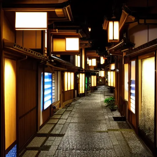 Prompt: cozy alley in a resort area in japan, soft lighting, sharp focus, ultra realistic, very very highly detailed, soft night time