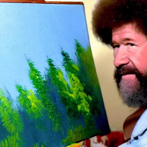 Image similar to bob ross painting a canvas with a paintball gun