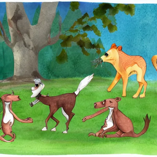 Image similar to Storybook illustration of anthropomorphic animals playing in the park, watercolor style