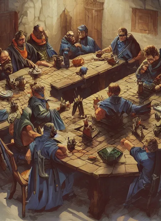 Image similar to a group of christian priests playing dungeons&dragons sitting around a table in 90's basement by artgerm and Craig Mullins, James Jean, Andrey Ryabovichev, Mark Simonetti and Peter Morbacher 16k