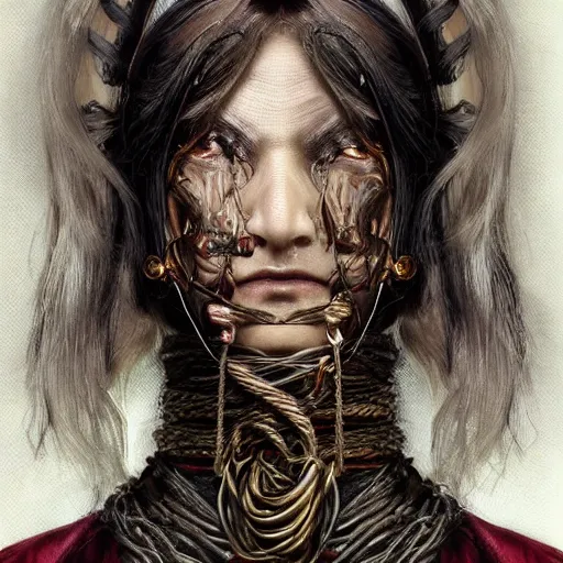 Image similar to portrait of a Shibari rope wrapped face and neck, headshot, insanely nice professional hair style, dramatic hair color, digital painting, of a old 15th century, old cyborg merchant, amber jewels, baroque, ornate clothing, scifi, realistic, hyperdetailed, chiaroscuro, concept art, art by Franz Hals and Jon Foster and Ayami Kojima and Amano and Karol Bak,