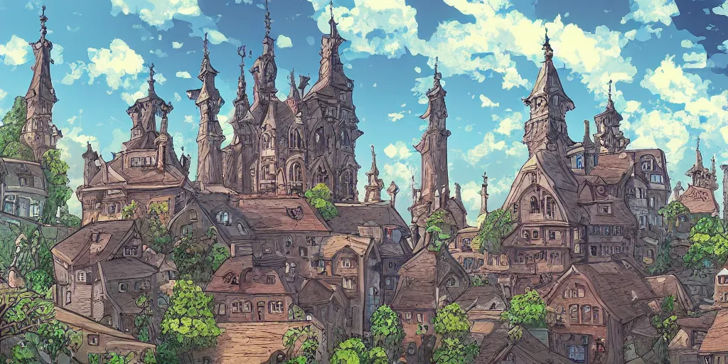 Image similar to a highly detail digital painting of a gothic town, in the style of studio ghibli