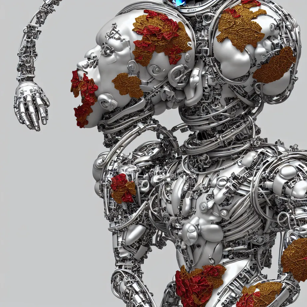 Image similar to complex 3d render ultra detailed of an astronaut, mechanical cyborg, 50 mm, beautiful natural soft light, rim light, studio light, silver gold details, magnolia big leaves and stems, roots, fine foliage lace, mesh wire, intricate details, hyperrealistic, mandelbrot fractal, anatomical, red lips, white metal armor, facial muscles, cable wires, microchip, elegant, Alexander Mcqueen haute couture, wabi sabi, octane render, H.R. Giger style, 8k