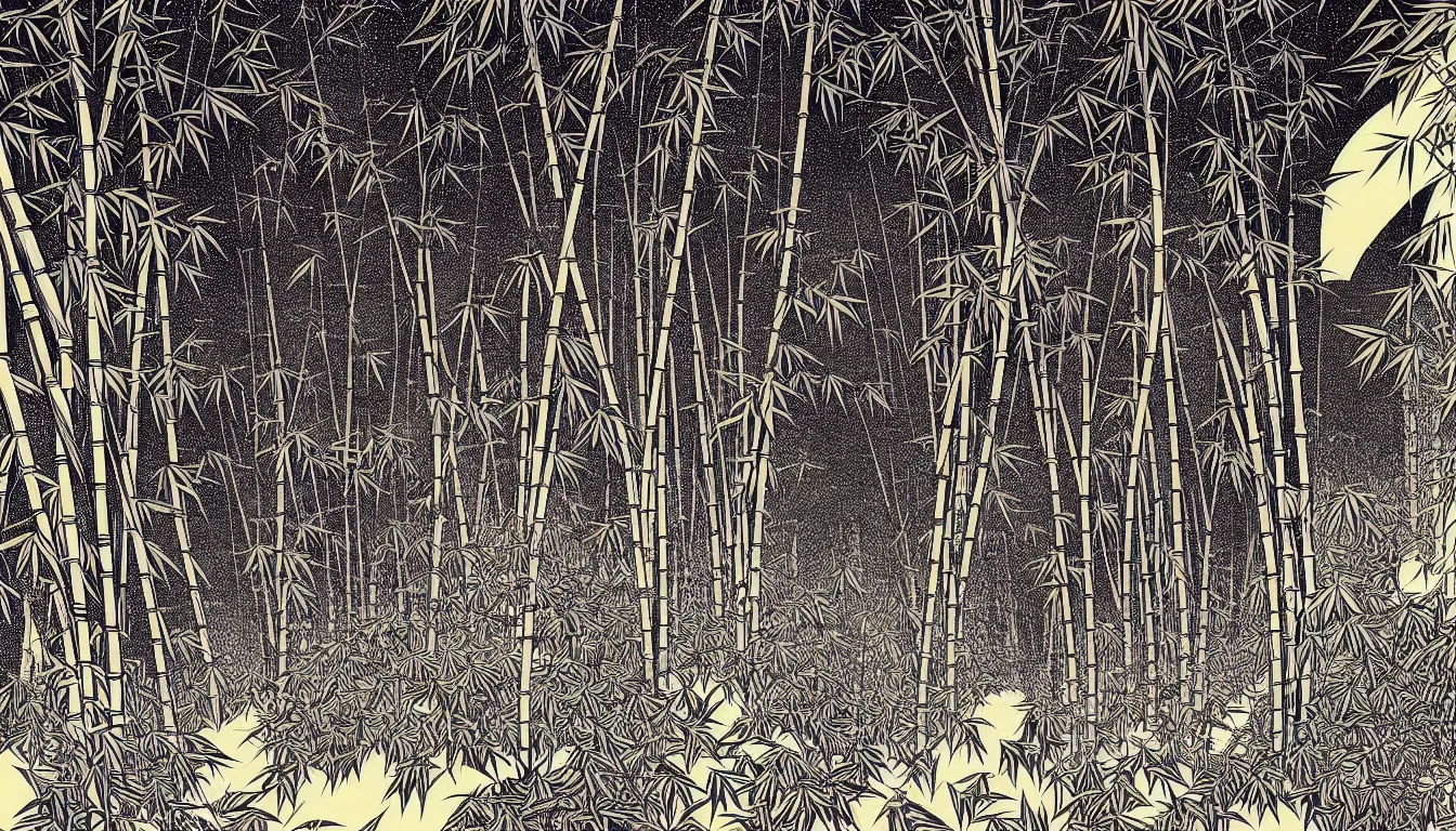 Prompt: bamboo forest by woodblock print, nicolas delort, moebius, victo ngai, josan gonzalez, kilian eng