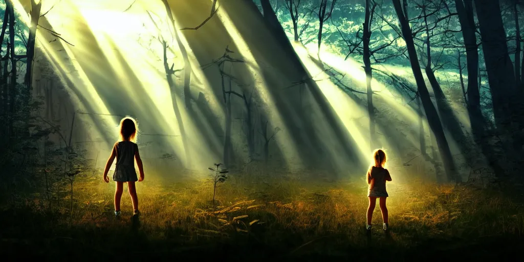 Image similar to sci - fi scene future new york, little girl holding a hand of a big robot, forest punk, crepuscular rays, epic scene, hyper realistic, photo realistic, overgrowth, cinematic atmosphere, ethereal lighting,