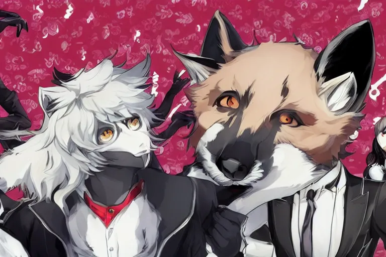 Image similar to a furry tan male fox on a persona 5 : royal ( by atlus ) video game splash screen, a furry male sandcolored tan fox fursona ( has hair ), persona 5 phantom thief style