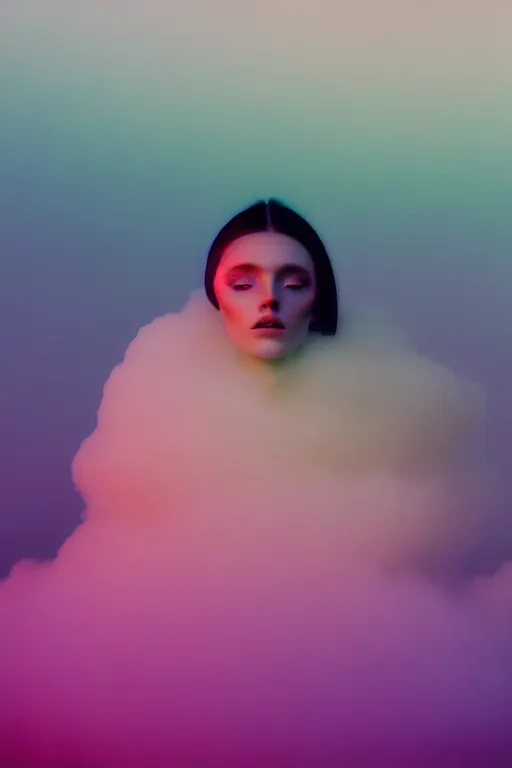 Image similar to high quality pastel coloured film close up wide angle photograph of a model wearing clothing resting on cloud furniture in a icelandic black rock!! environment in a partially haze filled dreamstate world. three point light, rainbow. photographic production. art directed. pastel colours. volumetric clouds. pastel gradient overlay. waves glitch artefacts. extreme facial clarity. 8 k. filmic.