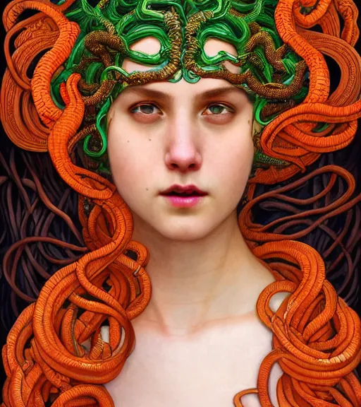 Image similar to portrait of teenage medusa, bald, naughty smile, wearing an embroidered orange tunic, wearing headdress made of black snakes, intricate, elegant, copper and emerald jewelry, glowing lights, highly detailed, digital painting, artstation, concept art, smooth, sharp focus, illustration, art by wlop, mucha, artgerm, and greg rutkowski