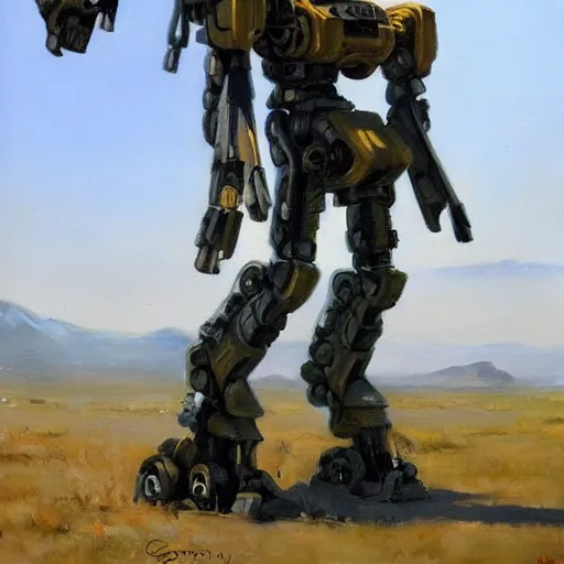 Prompt: A painting of a mech in the style of James Gurney, oil on canvas