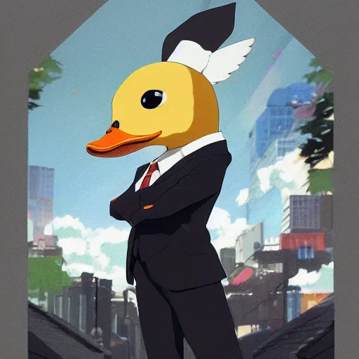 Image similar to a duck wearing a business suit, illustration concept art anime key visual trending pixiv fanbox by wlop and greg rutkowski and makoto shinkai and studio ghibli and kyoto animation symmetrical facial features