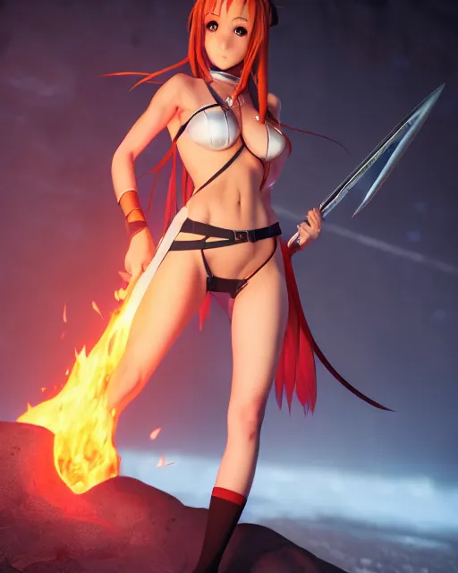 Image similar to pinup photo of asuna from sao in flame dungeon, asuna by a - 1 pictures, by greg rutkowski, gil elvgren, enoch bolles, glossy skin, pearlescent, anime, very coherent, maxim magazine, 3 d, vray, unreal 5, octave rendey, maya, cgsociety