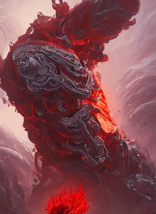 Image similar to a highly detailed illustration of colossal silver mechanical giant, with molten red cracks running along body, gentle calm pose, intricate, elegant, highly detailed, centered, digital painting, artstation, concept art, smooth, sharp focus, league of legends concept art, WLOP