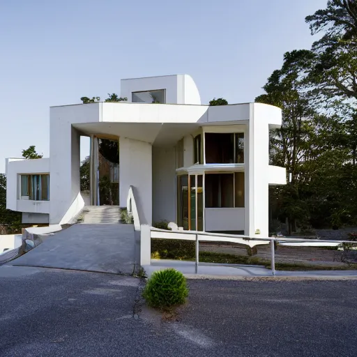 Image similar to second story elevated white brutalist home perched atop 2 equidistant separated large piers, double cantilevered design, large windows, elegant, white stone, proportion, golden ratio, epic composition, steel window mullions, cars parked underneath